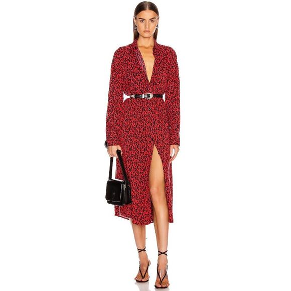 IRO Long Sleeve Button Front Side Slit Leopard Pirae Dress Red Womens Size 34 - Picture 2 of 16
